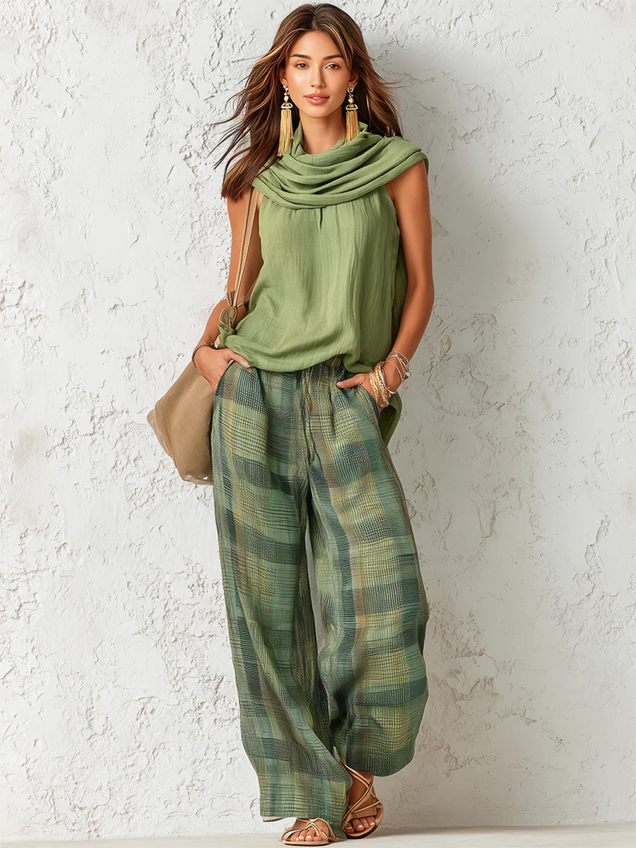 Conjunto Boho Mujer Blusa Drapeada y Pantalón Ancho
