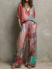 Amaranta — Conjunto elegante estampado floral con pantalón ancho
