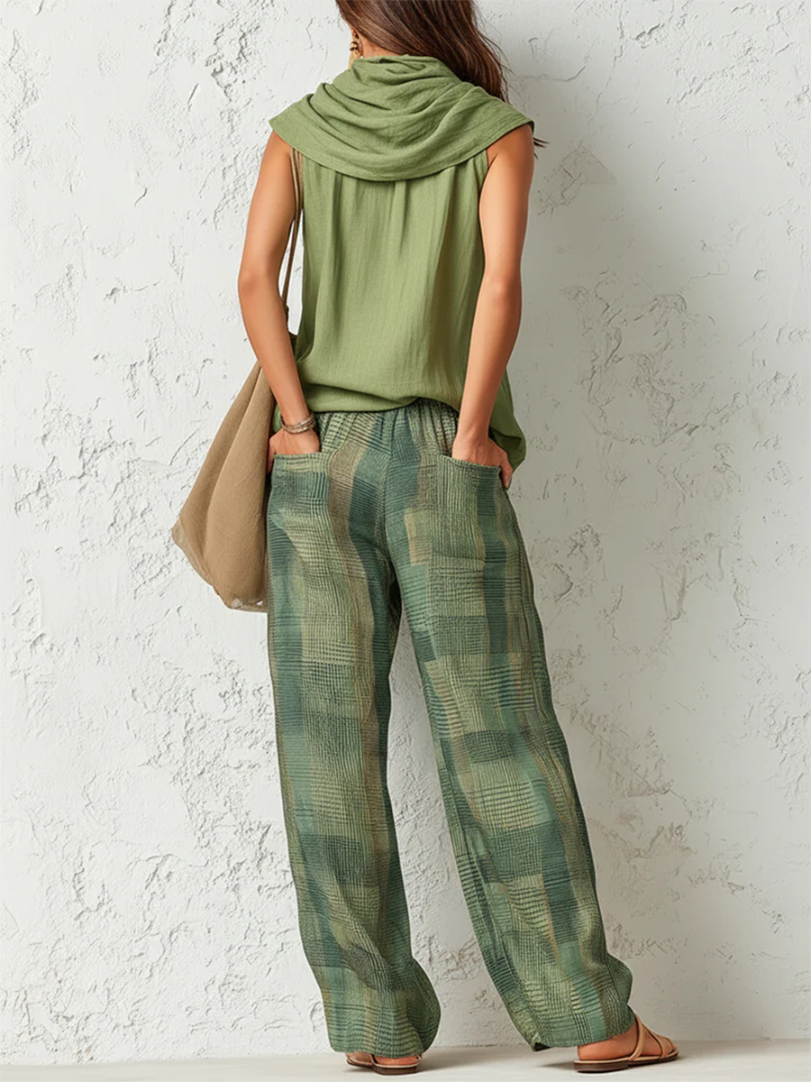 Conjunto Boho Mujer Blusa Drapeada y Pantalón Ancho