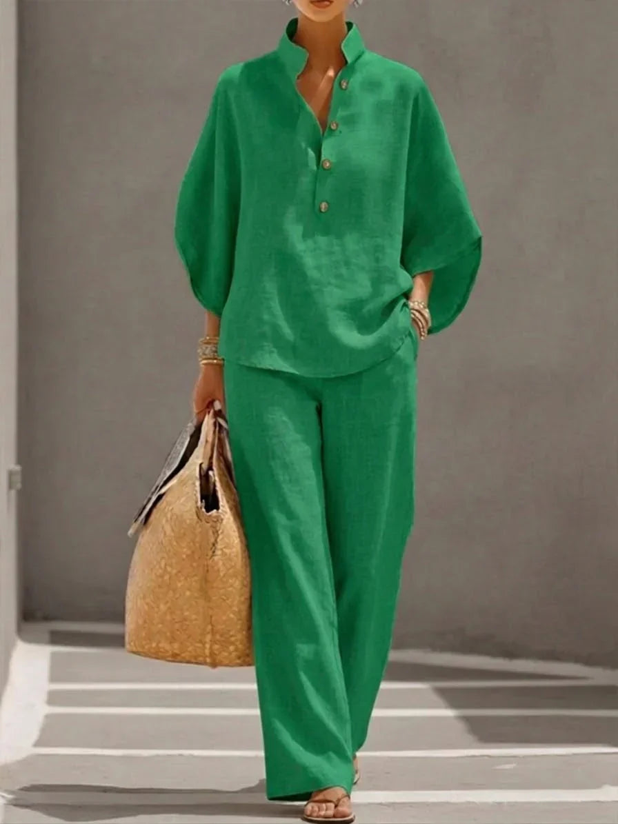 Ismelda | Conjunto de Lino con Mangas Murciélago y Pantalón Ancho