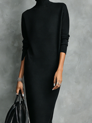 Genoveva™ Vestido Midi de Punto con Cuello Alto y Manga Larga