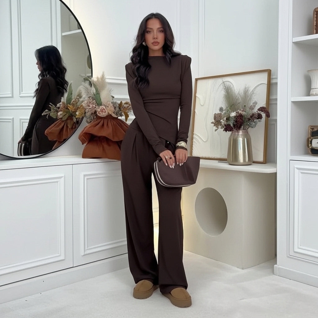 Encarna™ Conjunto de Pantalón de Pierna Ancha y Blusa, Estilo Chocolate