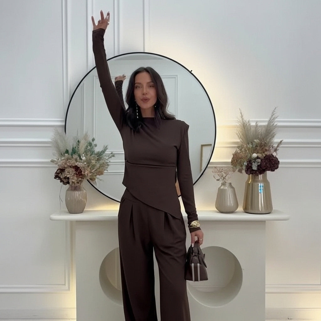 Encarna™ Conjunto de Pantalón de Pierna Ancha y Blusa, Estilo Chocolate