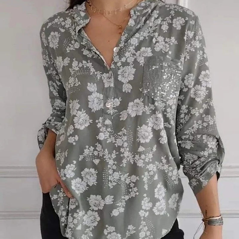 Blusa Floral de Manga Larga, Estilo Romántico