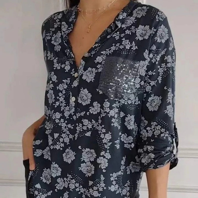 Blusa Floral de Manga Larga, Estilo Romántico