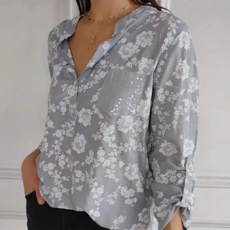 Blusa Floral de Manga Larga, Estilo Romántico