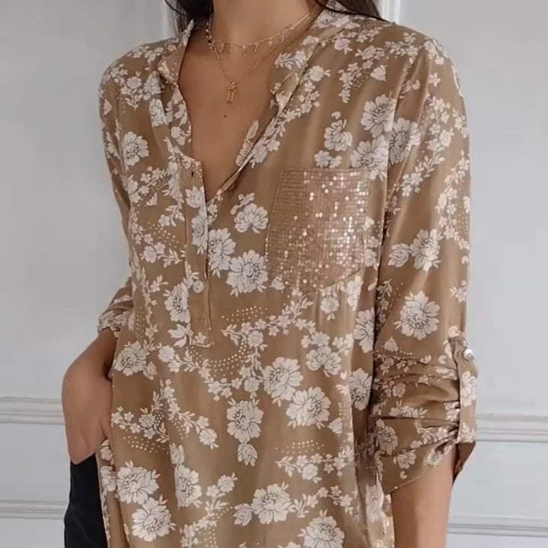 Blusa Floral de Manga Larga, Estilo Romántico