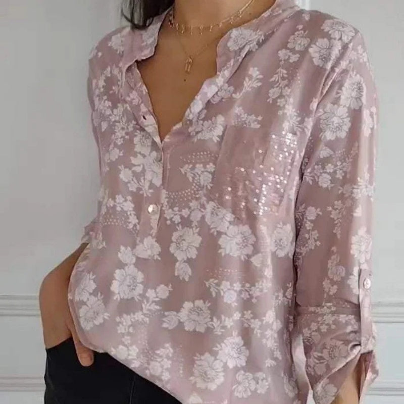 Blusa Floral de Manga Larga, Estilo Romántico