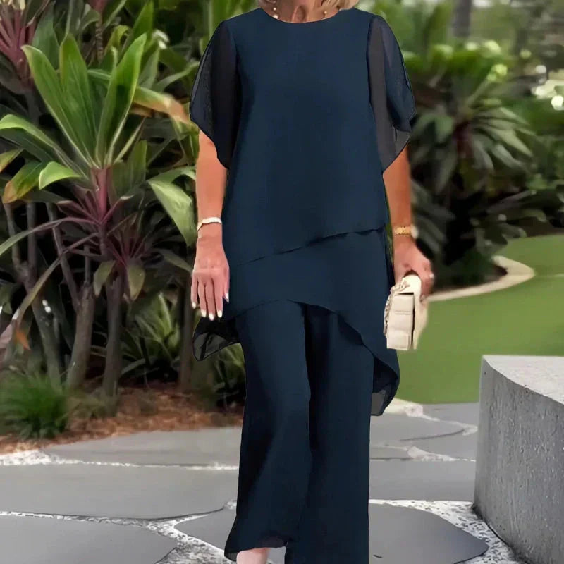 Conjunto Asimétrico Enriqueta con Blusa Larga y Pantalón de Pierna Ancha