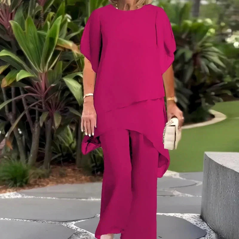Conjunto Asimétrico Enriqueta con Blusa Larga y Pantalón de Pierna Ancha