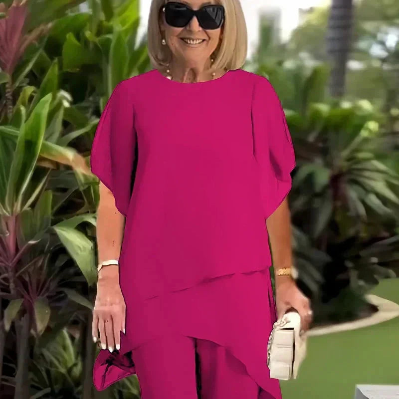 Conjunto Asimétrico Enriqueta con Blusa Larga y Pantalón de Pierna Ancha