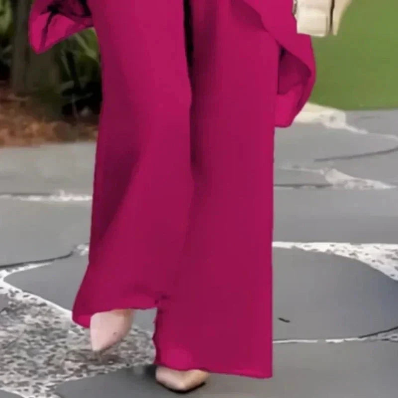 Conjunto Asimétrico Enriqueta con Blusa Larga y Pantalón de Pierna Ancha
