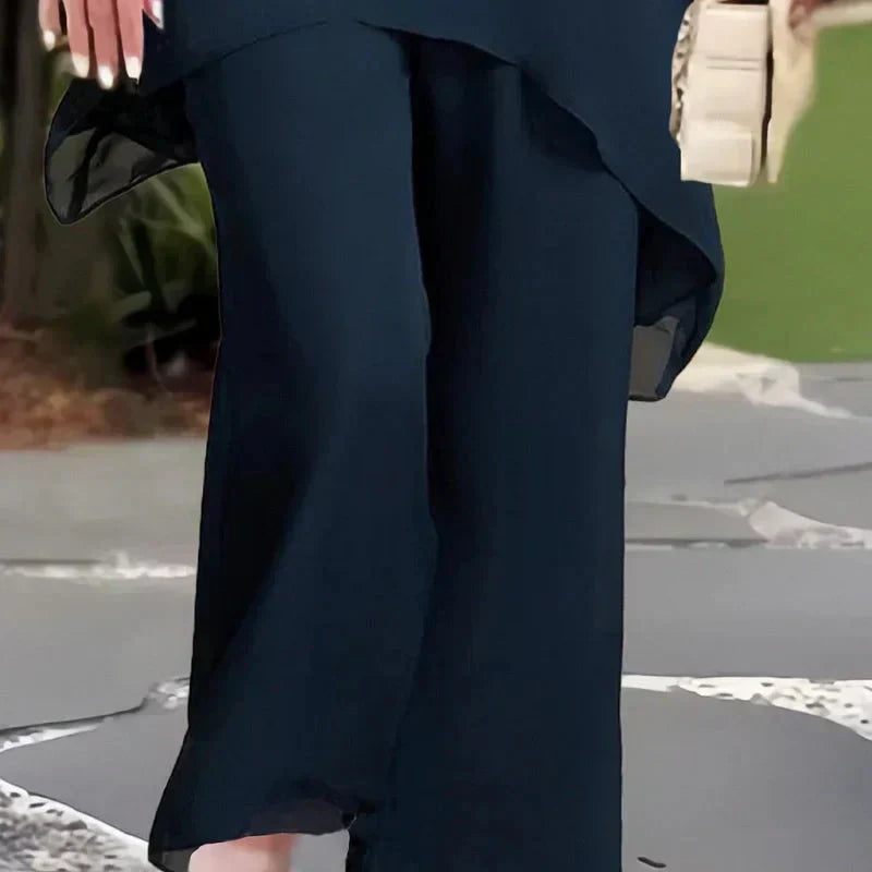 Conjunto Asimétrico Enriqueta con Blusa Larga y Pantalón de Pierna Ancha