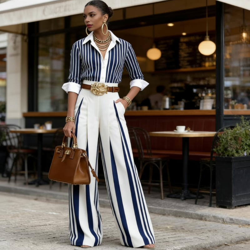 Ursula™ Conjunto Rayado para Mujer con Camisa y Pantalón Ancho