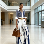 Chiapas™ Conjunto Rayado para Mujer con Camisa y Pantalón Ancho