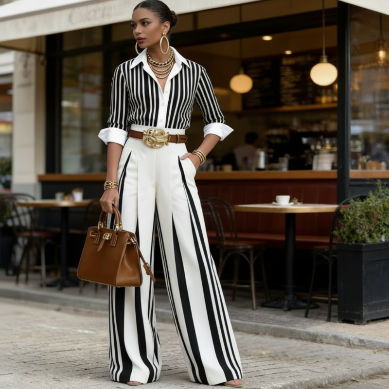 Chiapas™ Conjunto Rayado para Mujer con Camisa y Pantalón Ancho