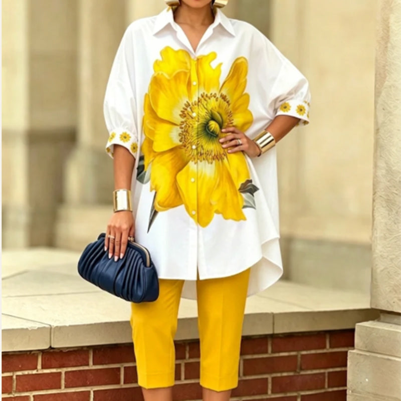 Hortencia™ Conjunto Floral de Dos Piezas para Mujer con Top Oversize y Pantalón Cropped