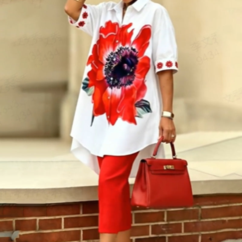 Hortencia™ Conjunto Floral de Dos Piezas para Mujer con Top Oversize y Pantalón Cropped